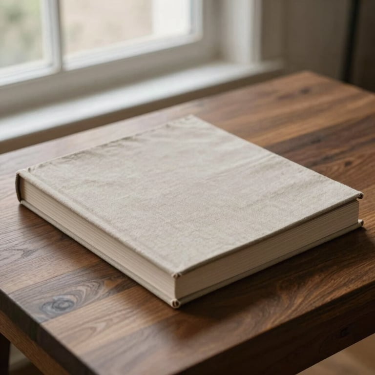 A beautifully bound linen art monograph resting on a dark walnut table, soft morning daylight from a nearby window, quiet studio atmosphere.