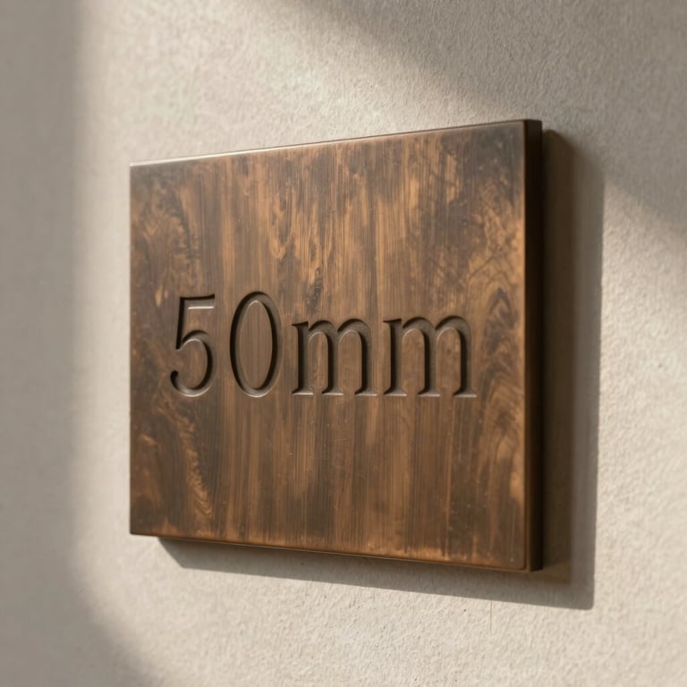 A solid bronze architectural plaque with clean engraved typography, mounted on a textured plaster wall, long soft shadows.