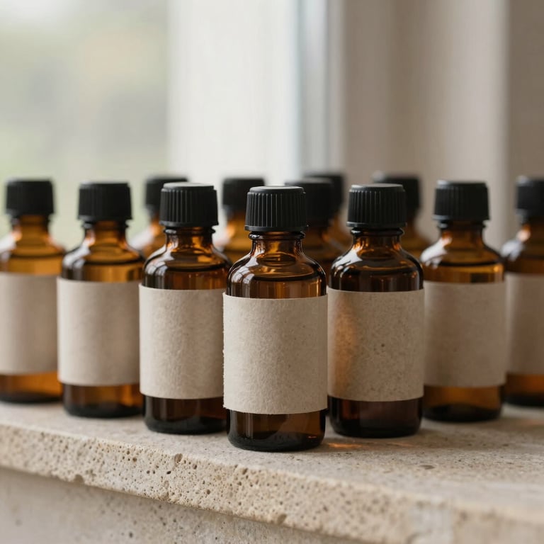 Amber glass apothecary bottles with minimalist textured paper labels, arranged neatly on a stone shelf under soft natural light.