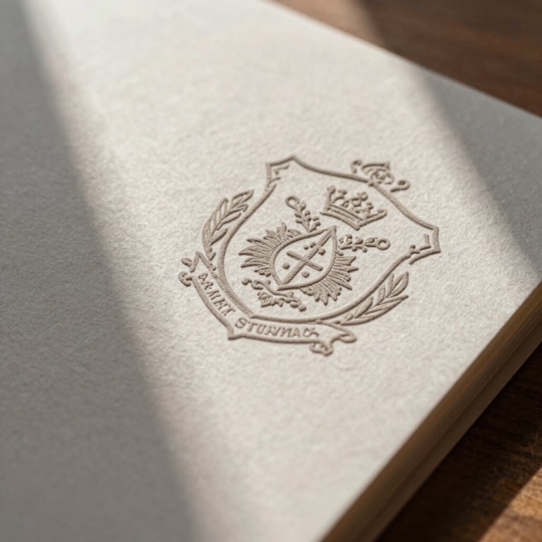 Close-up macro shot of embossed cotton stationery with a custom crest, soft indirect window daylight casting gentle shadows, tactile paper grain texture.