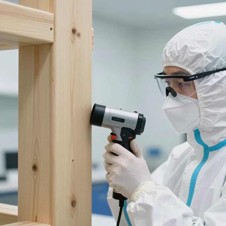 Close-up of a technician in clean white protective gear inspecting a structural wooden pillar with a professional scanner, bright clinical lighting.