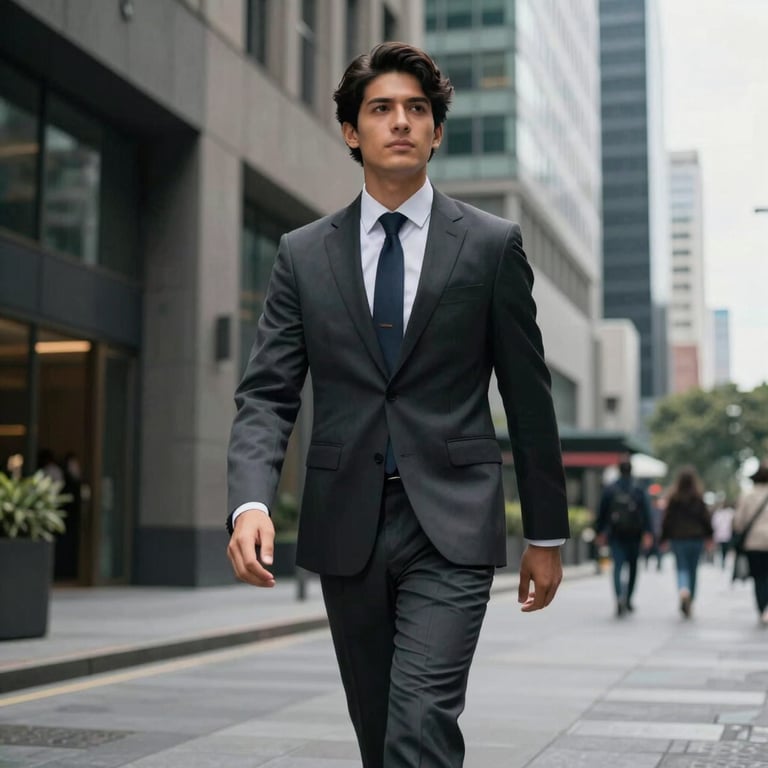 A young professional Mexican man in a sharp suit walking through a modern business district in Mexico City.