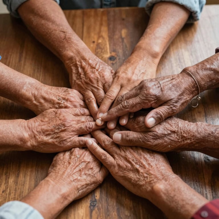 Close-up of hands of different generations of Mexican workers joining over a wooden table, symbolizing unity and trust.