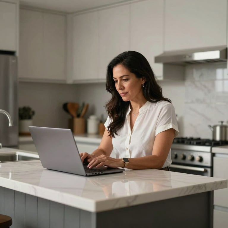 A Mexican woman in her 40s comfortably working on a laptop at a beautiful kitchen island, modern home interior.