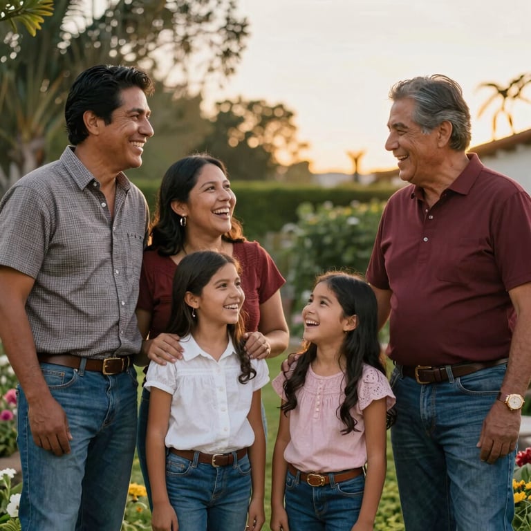 A Mexican family of four laughing in their garden, wearing high-quality casual clothing, warm golden hour lighting.
