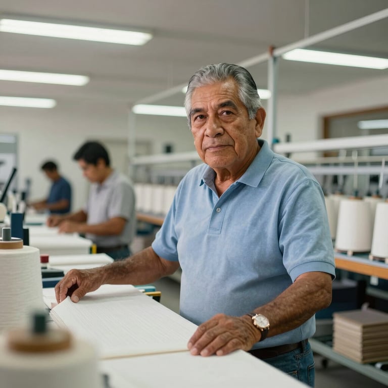 An older Mexican business owner in a clean, modern textile workshop, looking proudly at his production line.