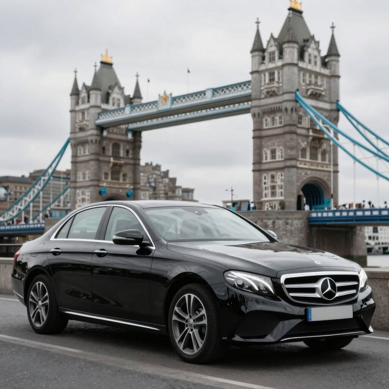 A black Mercedes E-Class parked near Tower Bridge, London, showcasing premium car replacement services. Mood is calm and reliable, using colors #0A1F1C and #EDF3F1.