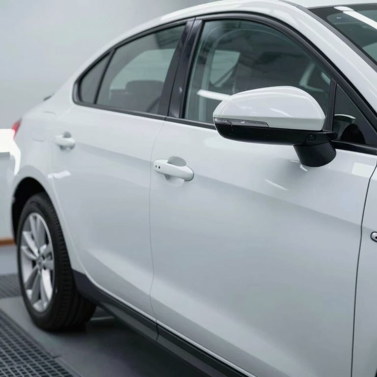 Detailed shot of a car door being professionally repainted in a high-tech booth, reflecting expert body shop repair quality.