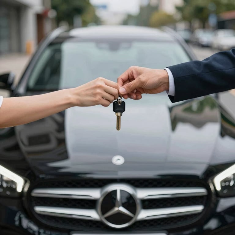 A client receiving keys to a pristine black Mercedes replacement car, signifying same-day service and customer satisfaction.