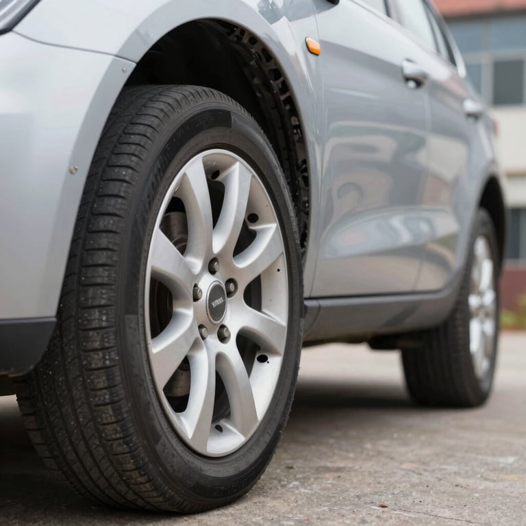 A close-up of a damaged vehicle wheel next to a fully restored one, highlighting the transformation and restoration expertise.