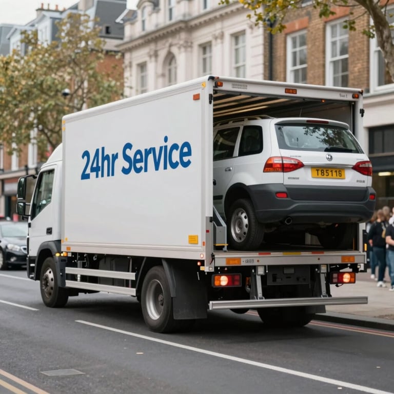 A professional recovery truck safely loading a vehicle on a busy London road, emphasizing quick and efficient 24hr service.