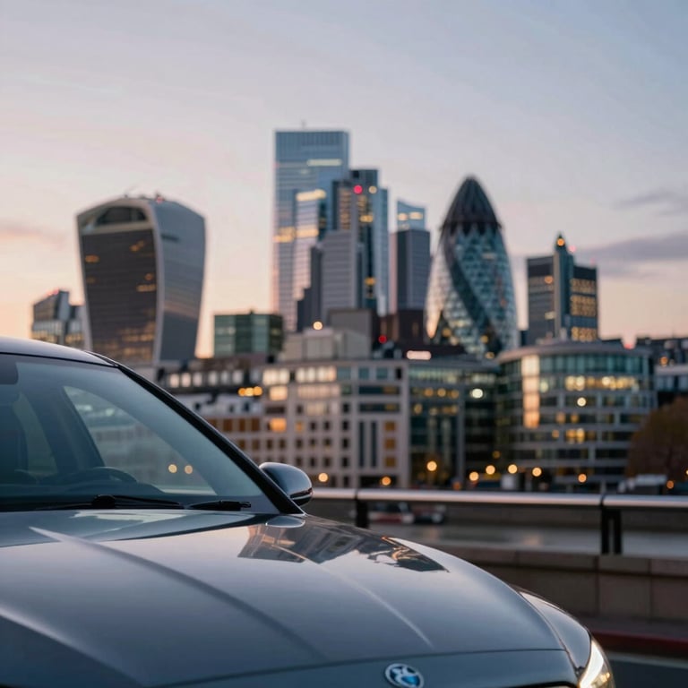 The London skyline at dusk with the PCO Claims palette colors #1D4C44 subtly reflected in a car's metallic surface.