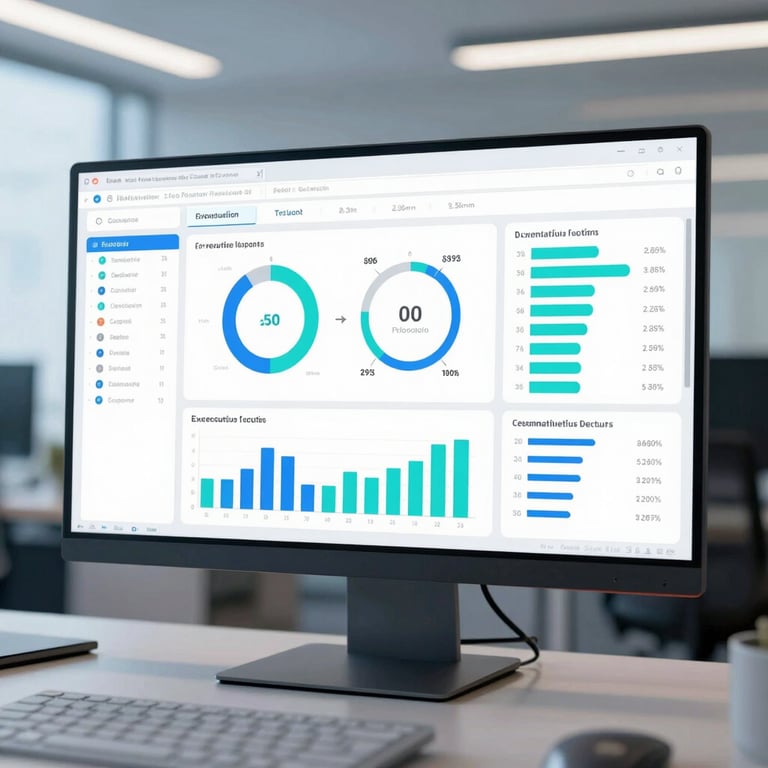 High-fidelity executive dashboard mockup on a sleek monitor, displaying clean cyan and blue operational metrics, professional corporate office background, soft depth of field, 35mm