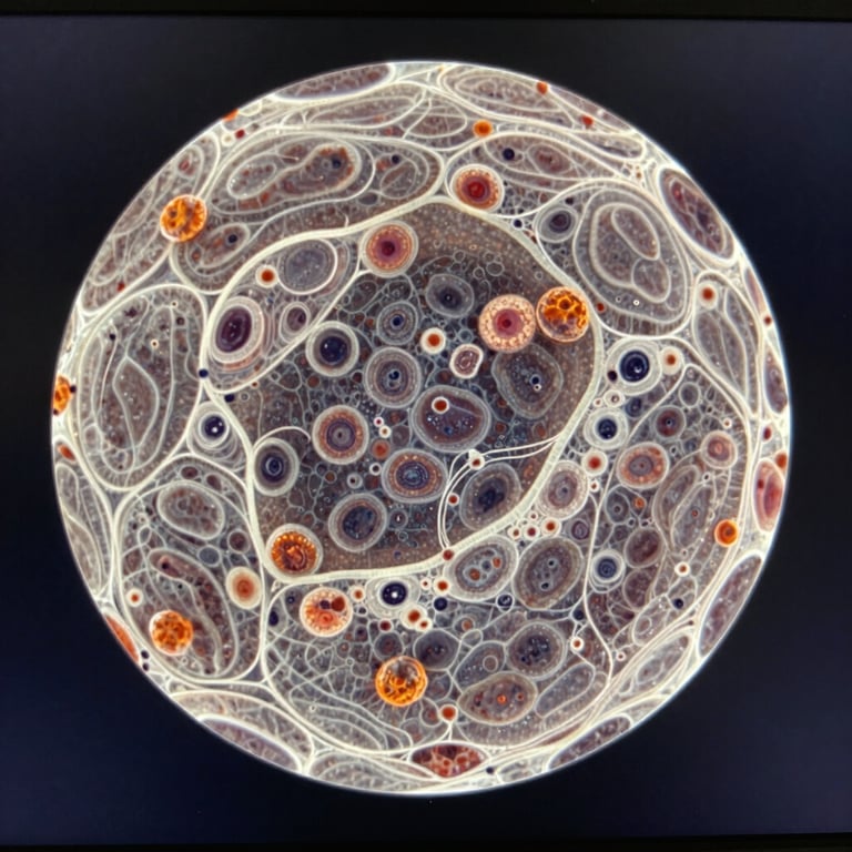 Extreme close-up of a high-resolution microscopic imaging screen showing cellular biology in vivid detail.