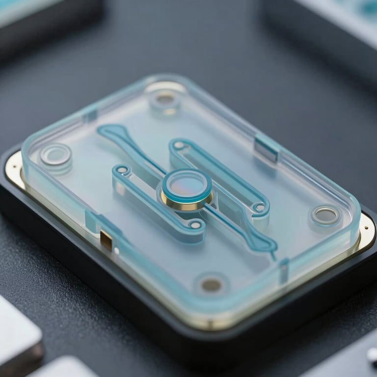 Macro of a lab-on-a-chip device with light blue translucent elements, sharp focus on intricate internal channels.