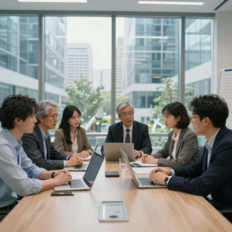 A collaborative meeting of researchers in a bright, glass-walled office in a US biotech park.