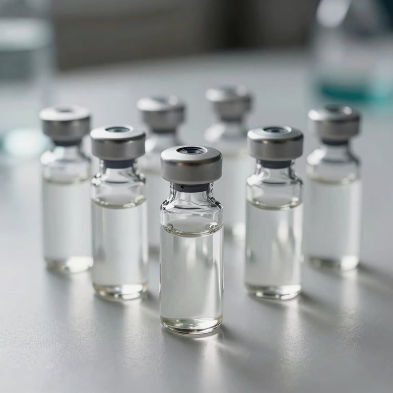 A collection of modern pharmaceutical glass vials on a polished surface, illuminated by soft white light.