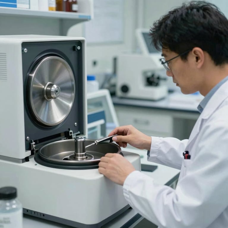 A scientist in a white professional lab coat operating a high-speed centrifuge in a North American clinical setting.