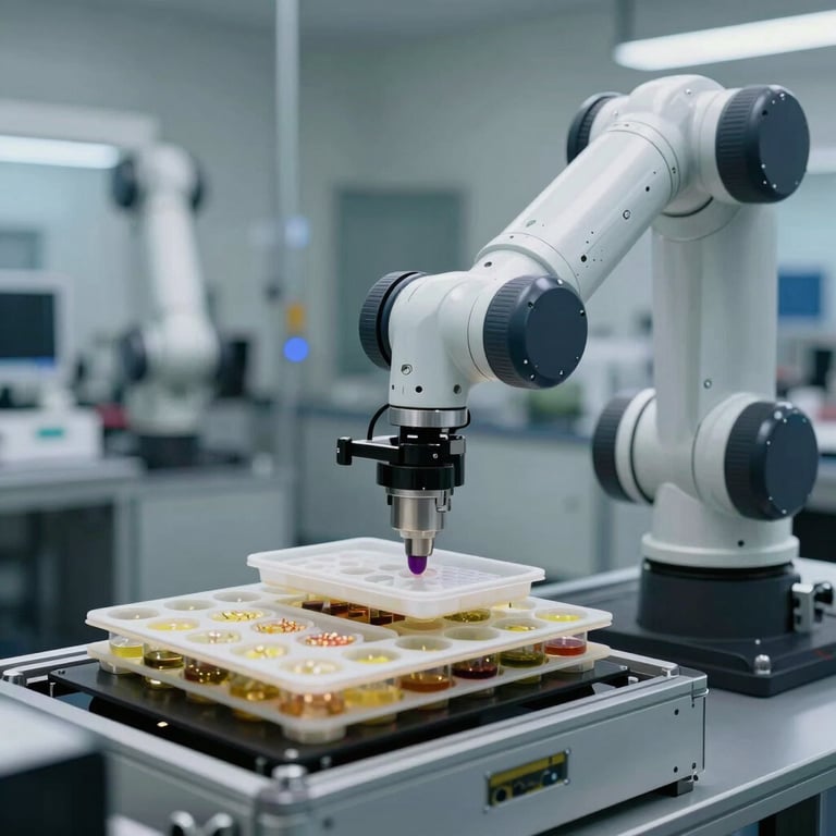 Precision robotic arm handling multiple sample trays in an automated North American research facility.