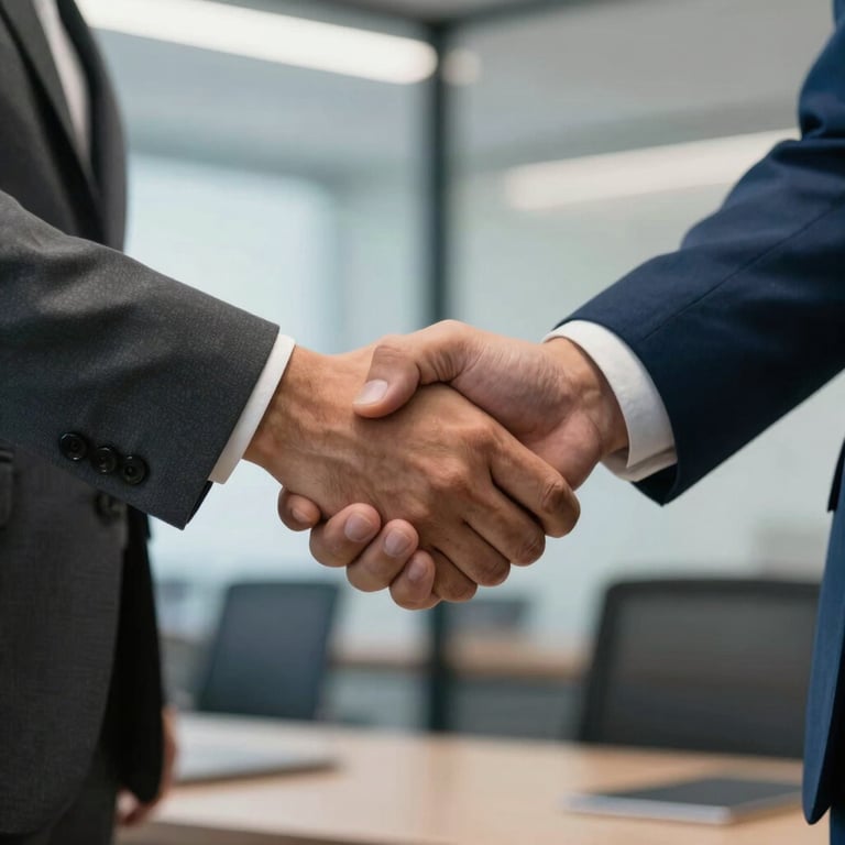 A close-up of professional hands shaking in a modern South American / Brazilian office, dark slate grey and deep ocean blue corporate colors.