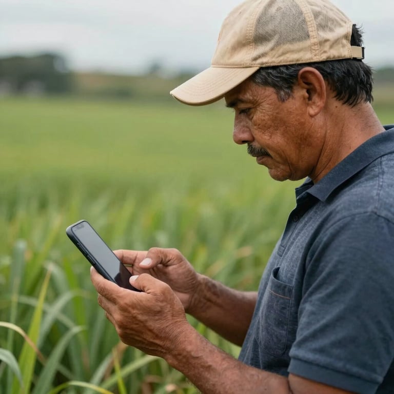 A South American / Brazilian farmer looking at a smartphone screen in a green field, professional lighting, modern tech feel.