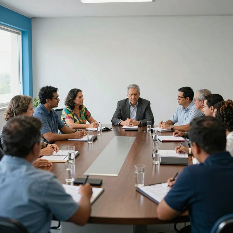 An organized meeting of South American / Brazilian cooperative leaders in a bright, clean room with sky blue accents.