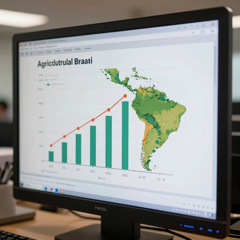 A digital interface showing agricultural growth charts on a screen in a South American / Brazilian professional setting.