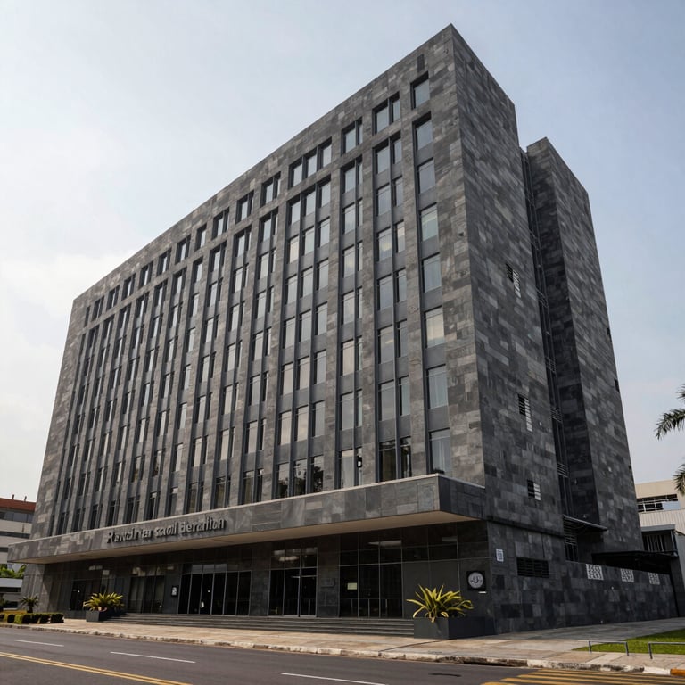 Exterior of a modern South American / Brazilian public administration building, clean lines, dark slate grey stone and glass.