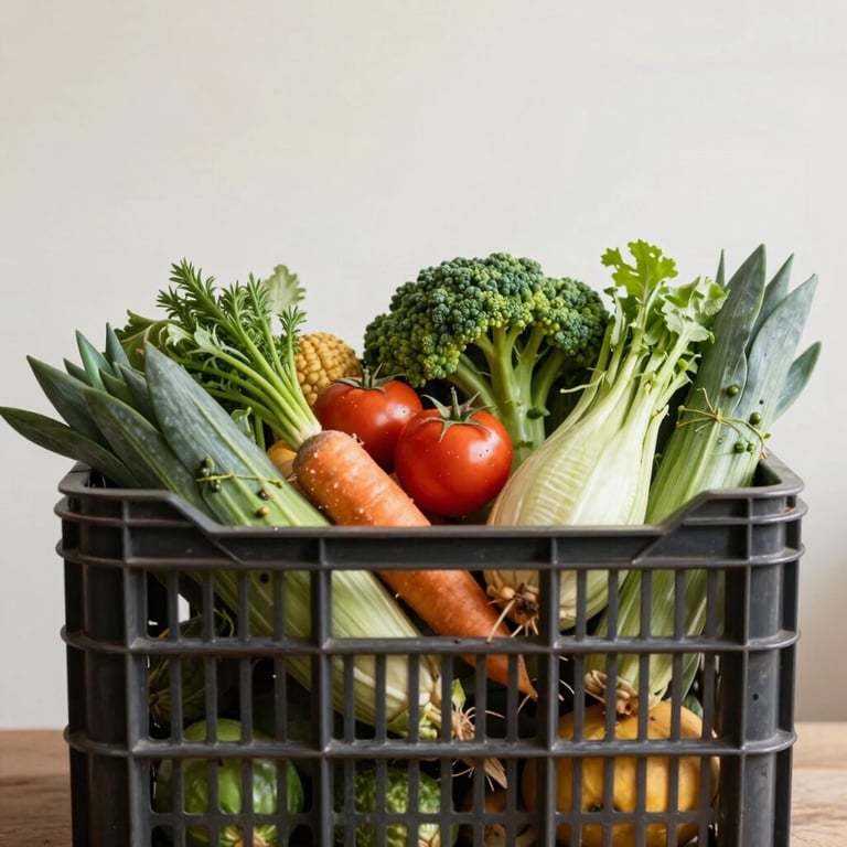 A crate of fresh organic produce at a South American / Brazilian distribution center, bright natural lighting, soft off-white backgrounds.