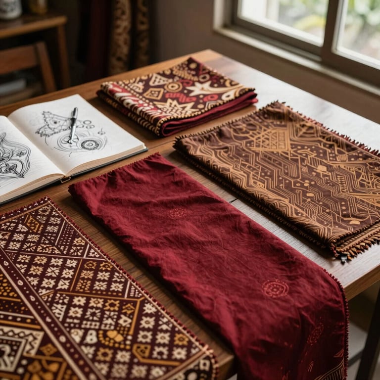 A group of Indonesian students in a bright school courtyard wearing professional batik uniforms with Deep Crimson patterns.
