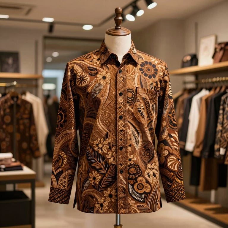 A modern kemeja batik for men displayed on a wooden mannequin in an elegant boutique with warm lighting.