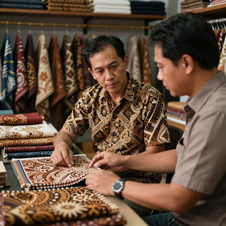 An Indonesian designer and a client discussing fabric choices in a premium, professional batik studio in Sragen.