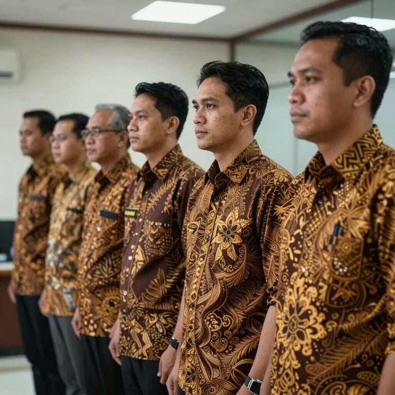 A row of Indonesian office staff standing together wearing custom corporate batik shirts in Brown and Gold tones.
