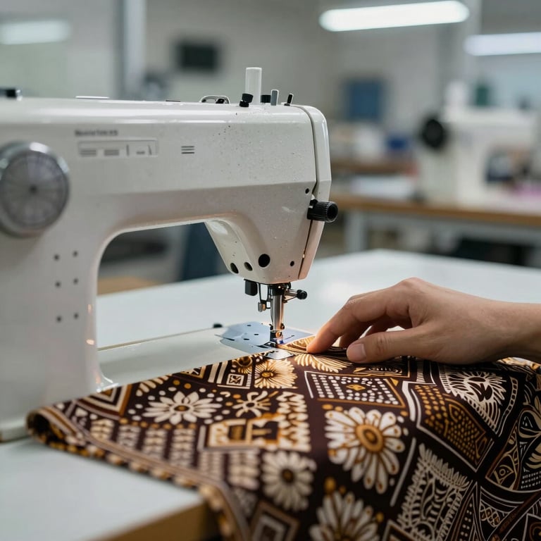 Detailed shot of a sewing machine stitching high-quality batik fabric in a clean, modern Indonesian garment factory.