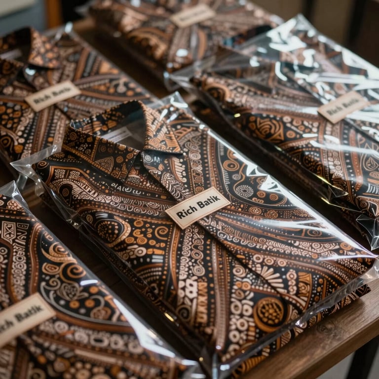 Neatly packaged batik uniforms ready for delivery, featuring the professional Rich Batik brand label.