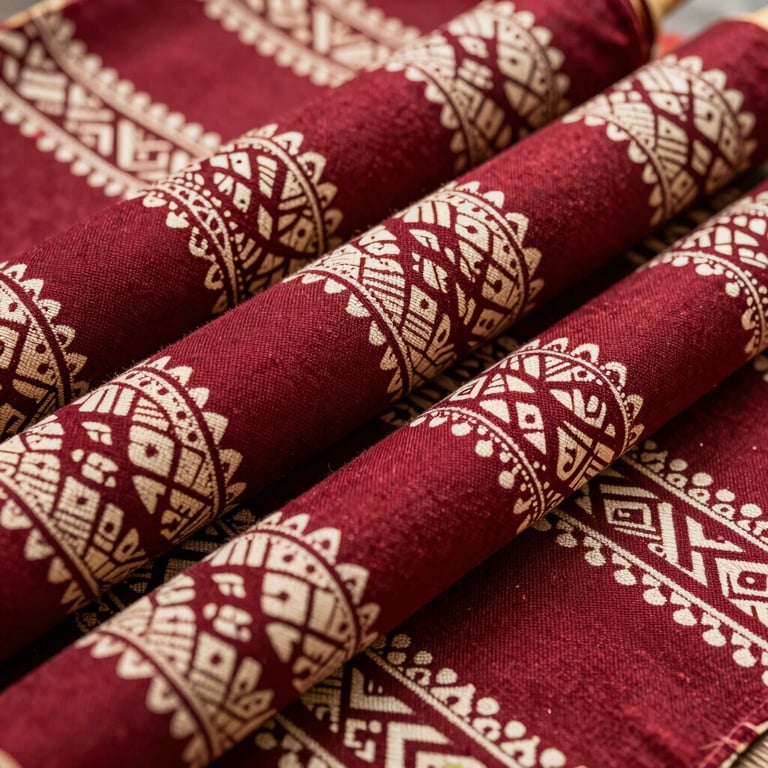 Vibrant rolls of finished batik fabric featuring traditional Javanese motifs in Deep Crimson and Parchment colors.
