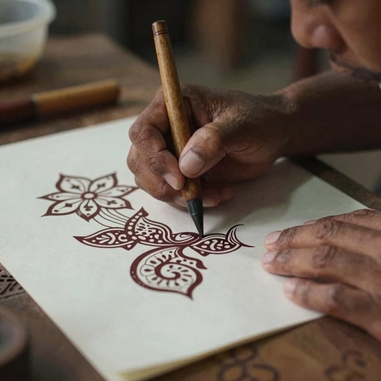 Close-up photography of an Indonesian artisan hand-drawing batik patterns using a canting in a traditional workshop.