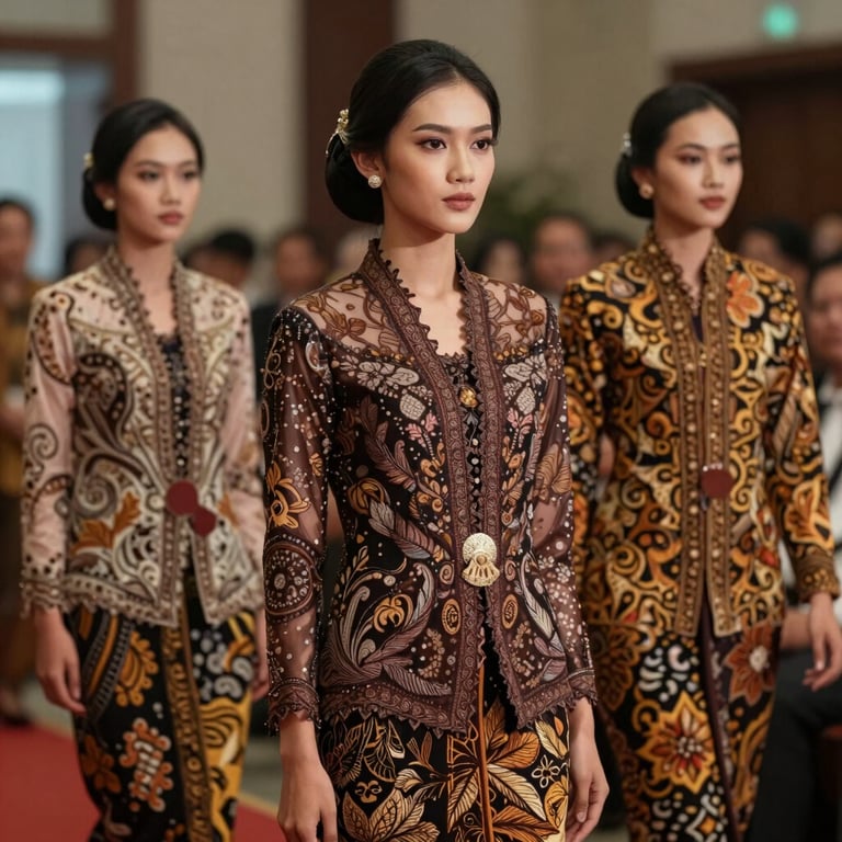 Indonesian models presenting a collection of elegant batik dresses for formal institutional events.