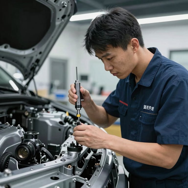 A technician in a clean uniform carefully examining a car frame using precision measurement tools in a modern shop.
