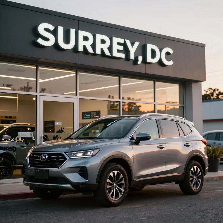A customer picking up their perfectly repaired SUV from a clean, modern Surrey, BC shop front during sunset.