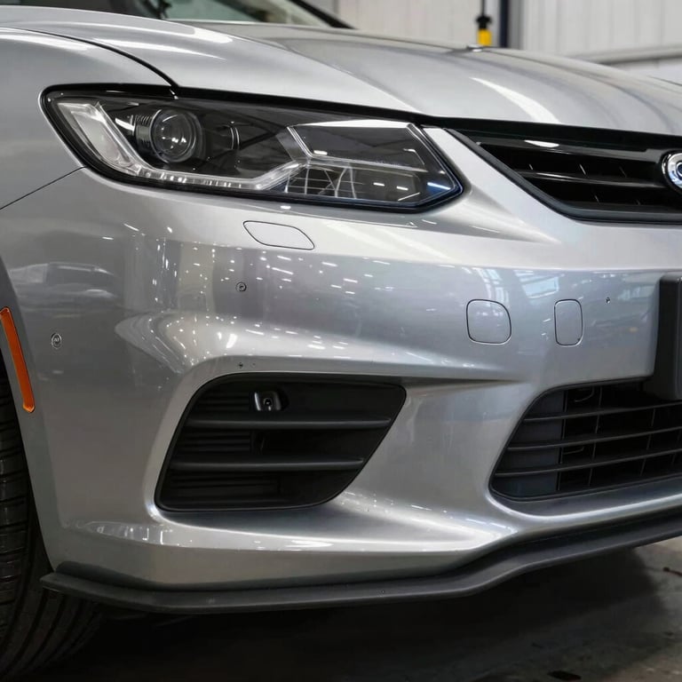Detail of a flawless metallic silver bumper after professional repair, reflecting a bright North American garage environment.