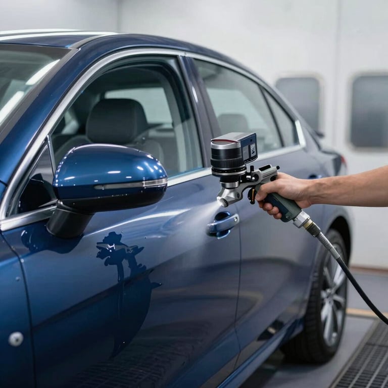 A car inside a professional painting booth being sprayed with a fresh coat of dark blue paint, highlighting technical precision.