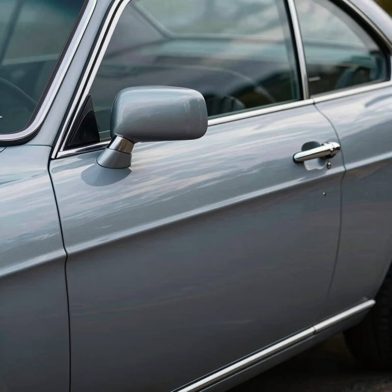 Close-up of a perfectly restored car door showing seamless paint blending and a glossy, mirror-like finish.