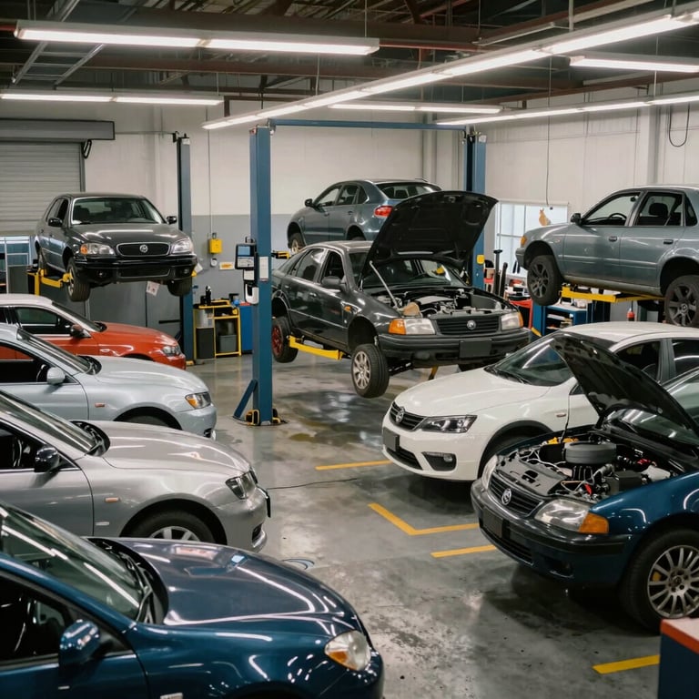 Wide shot of a well-organized North American auto repair workshop with various cars undergoing professional restoration.