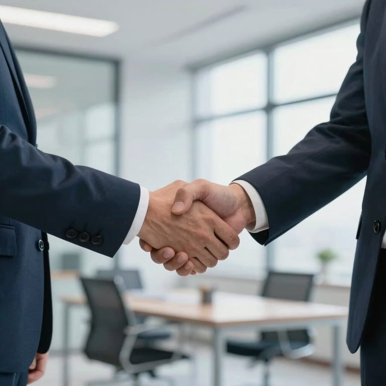 A professional handshake between two business partners in a bright, modern office setting with blue accents.