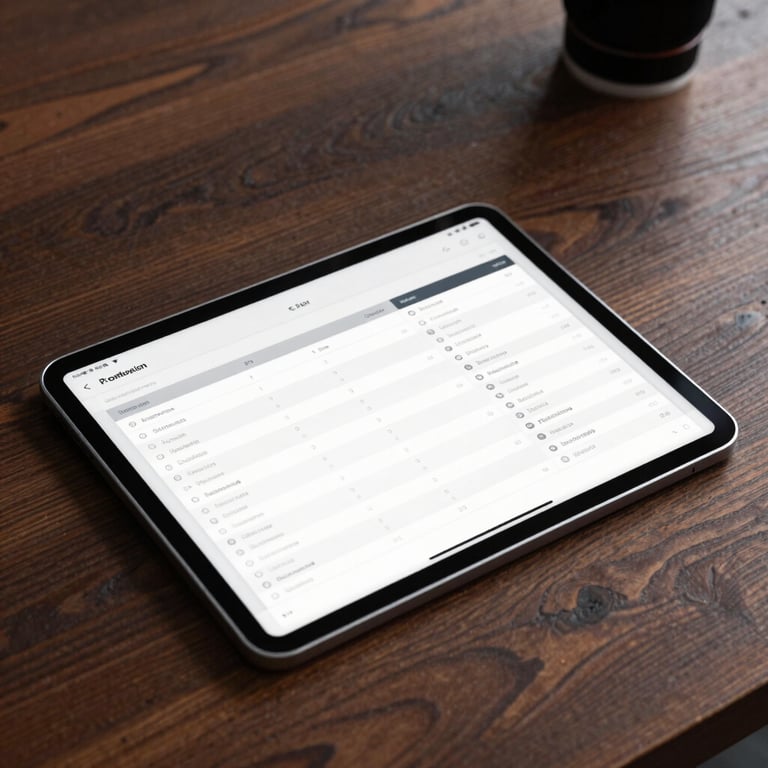 A digital tablet displaying a clean data dashboard on a professional dark wood desk.