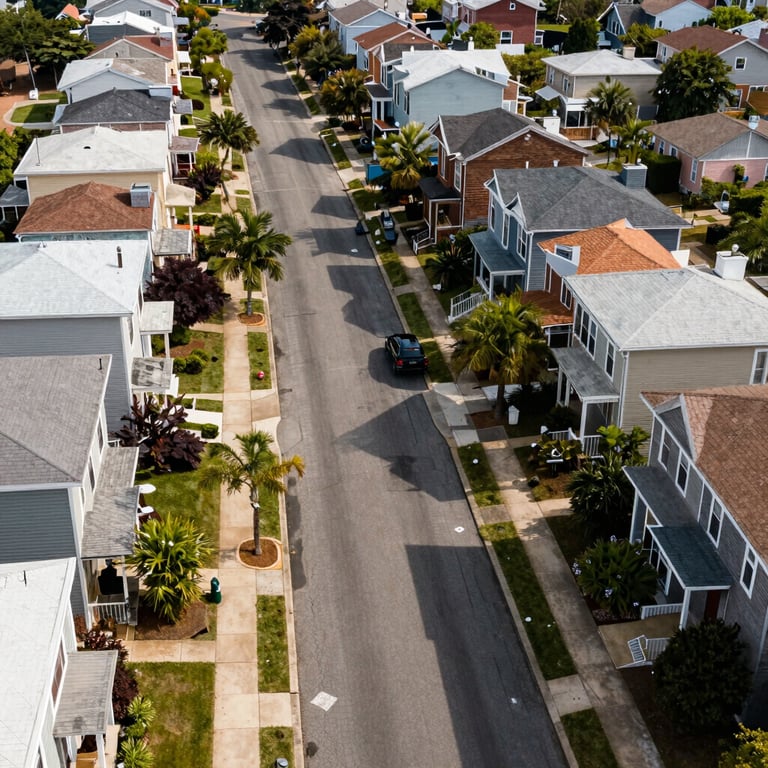 An aerial perspective of a clean and well-maintained urban residential street in the United States.