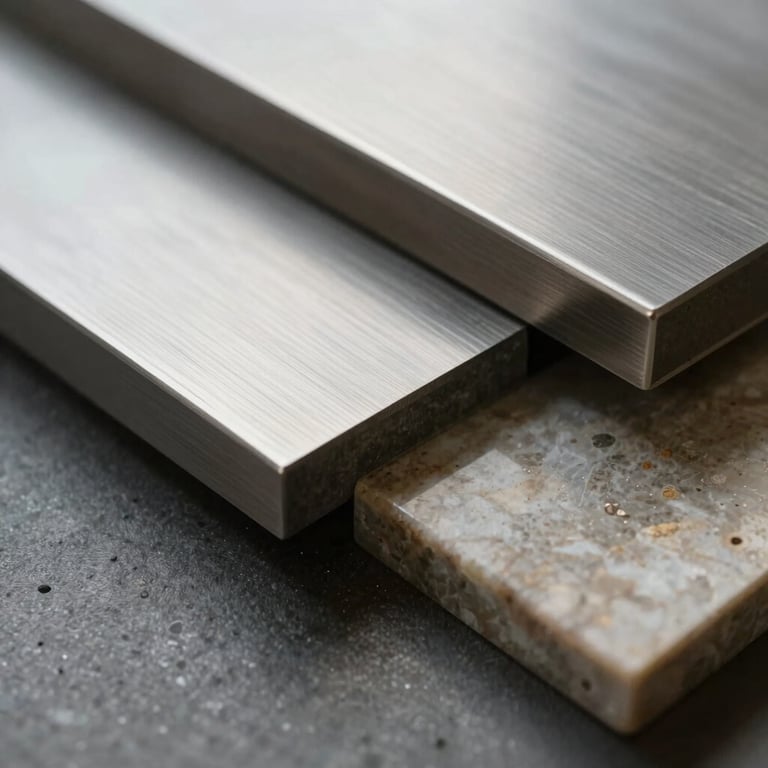 Macro photography of high-quality architectural materials like brushed steel and polished stone.