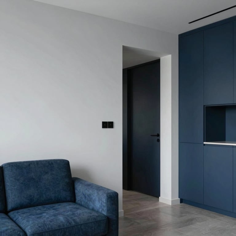 The interior of a minimalist modern apartment suite featuring light gray walls and dark blue decor.