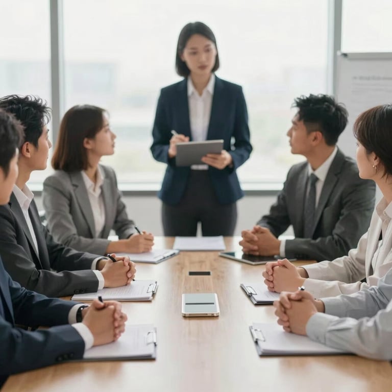 A group of diverse professionals in business attire engaging in a strategic meeting in a bright room.